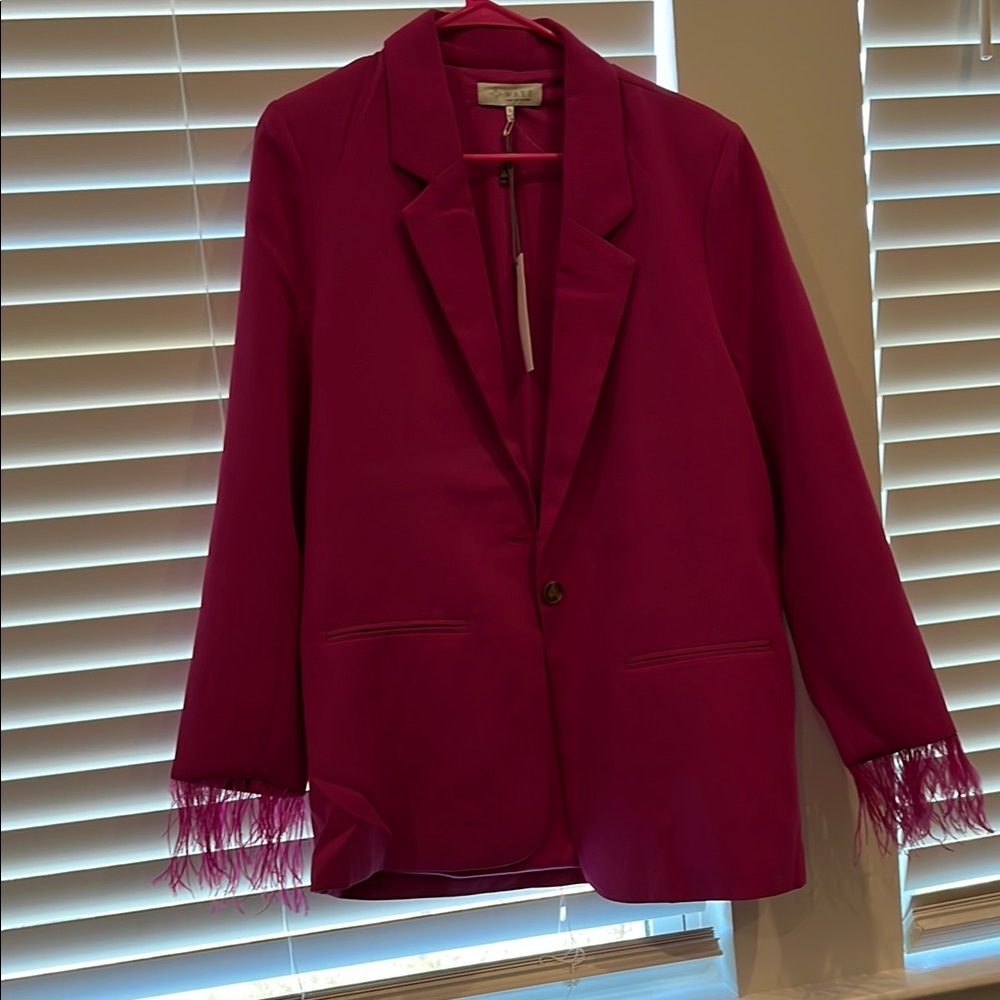 Chic Pink Blazer with Feather Trim